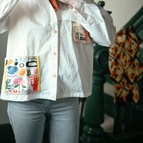 White Collared Button Down Shirt: Embroidery/Upcycled Pockets/Details - Picture 2 of 11